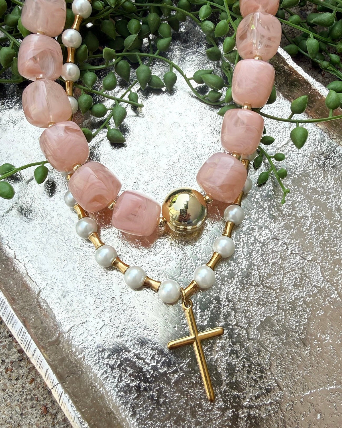 Lolly Beaded Cross Necklace- Pearl
