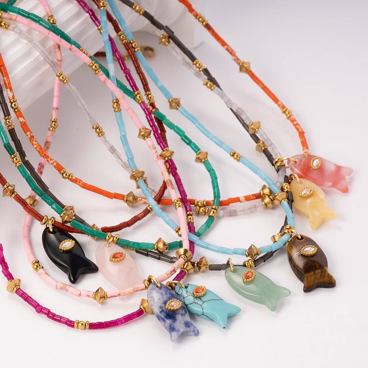 Turquoise & Brown Beaded Fish Charm Necklace