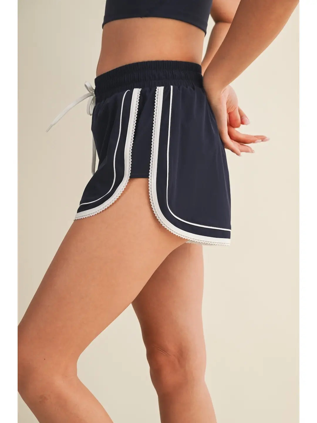 Navy Lace Trim Running Shorts
