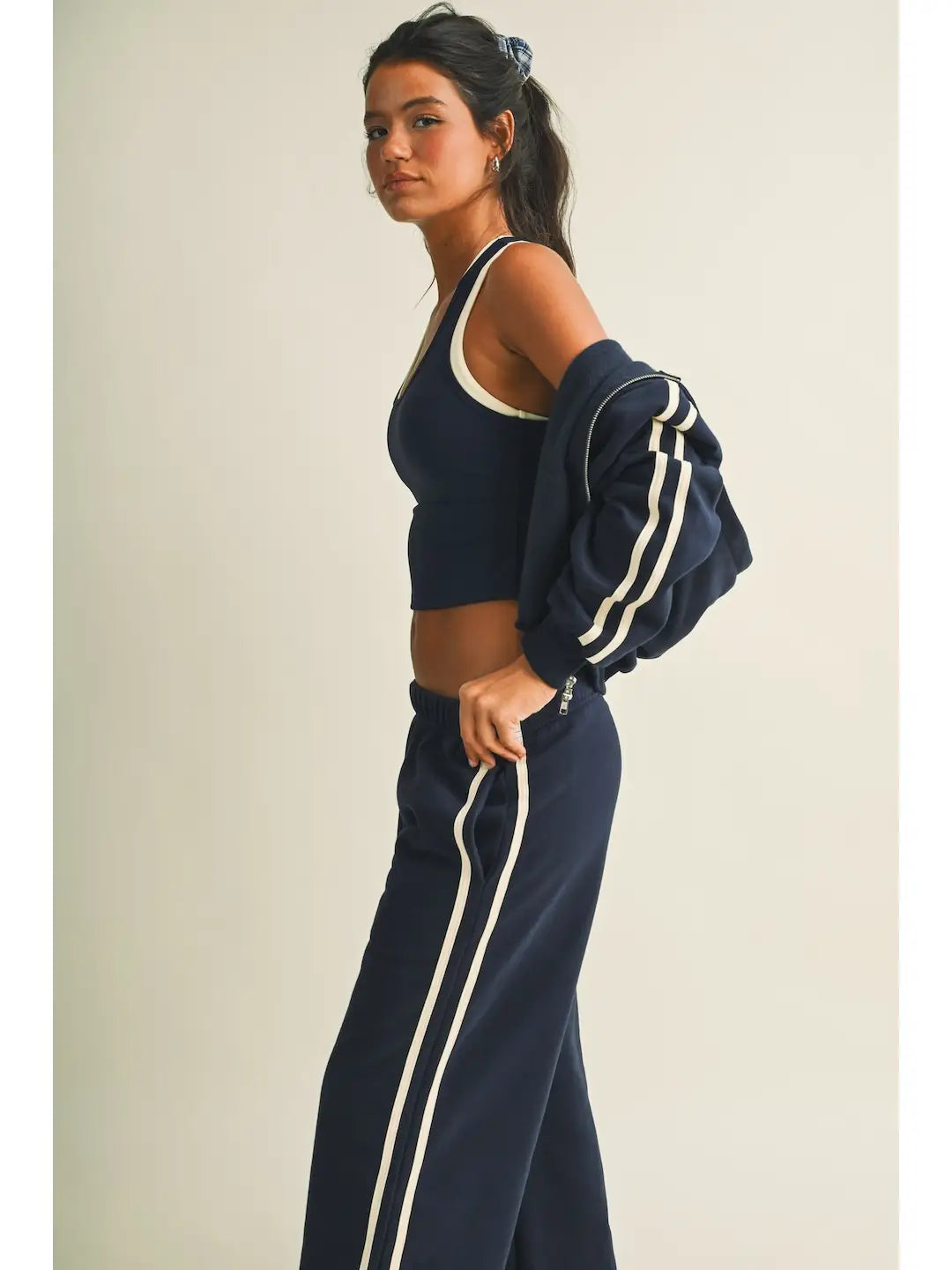 Side Stripe Cropped Zip Up Hoodie in Navy & Yellow