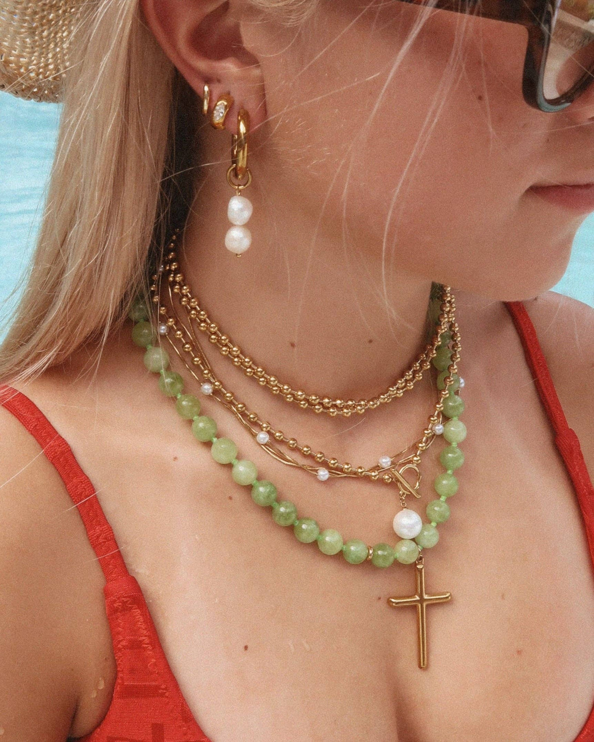 Conley Beaded Cross Necklace : Hypoallergenic and Water Resistant: Green