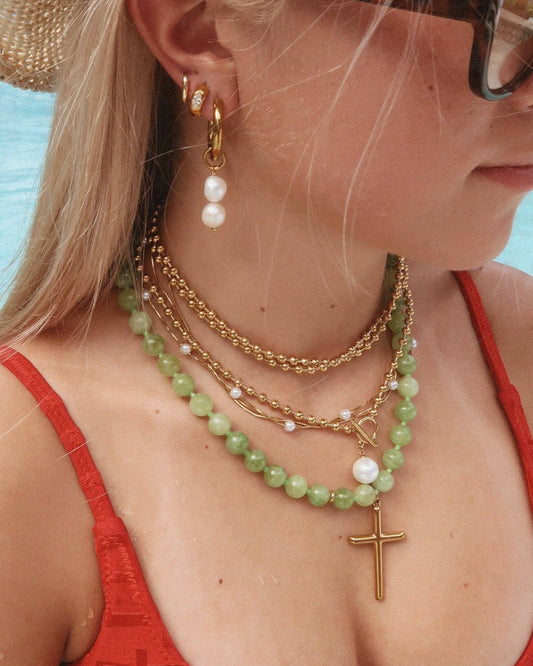 Conley Beaded Cross Necklace : Hypoallergenic and Water Resistant: Green