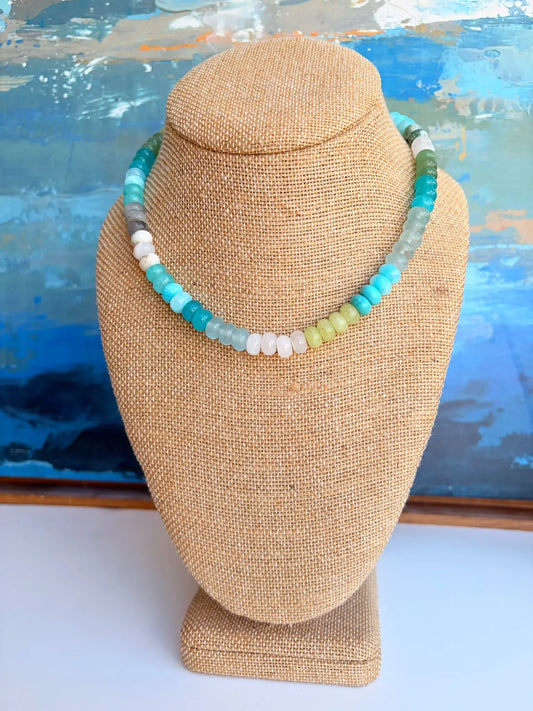 Mixed Blue & Green Rondelle Necklace – 15” + Extender