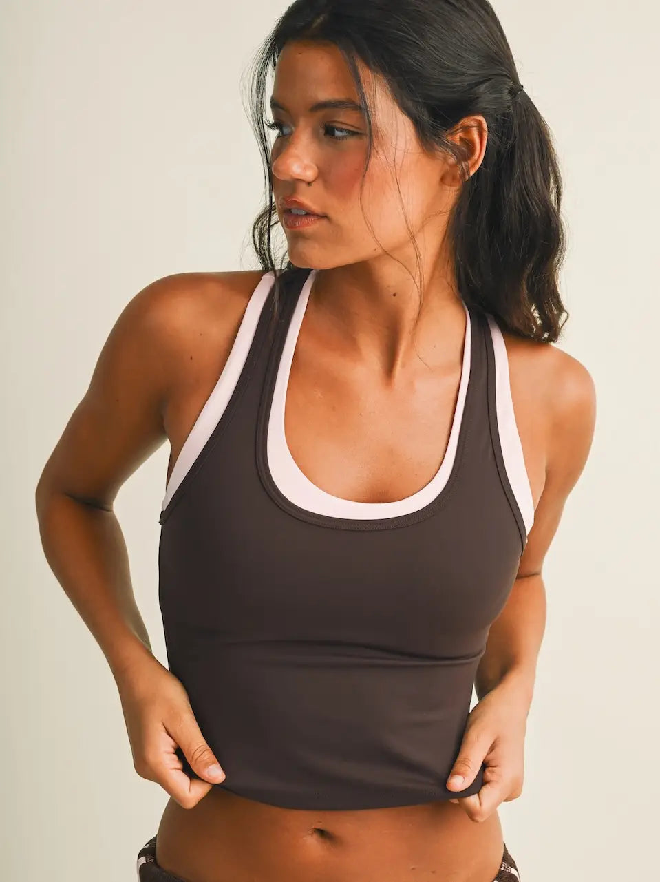 Double Layered Racerback Tank-Dark Chocolate & Pink