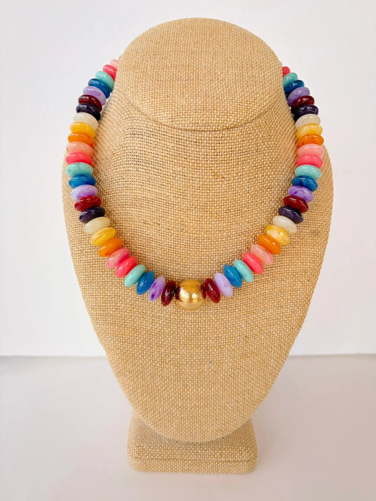 Dark Multi Rondelle & Gold Ball Necklace – 16”