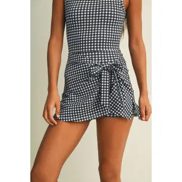 Navy Gingham Wrap Tie Dress