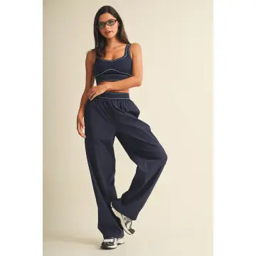 Relaxed Nylon Pants with Elastic Waist in Navy