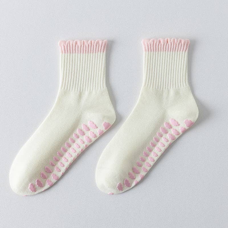 Pink Striped Ruffled Grip Socks