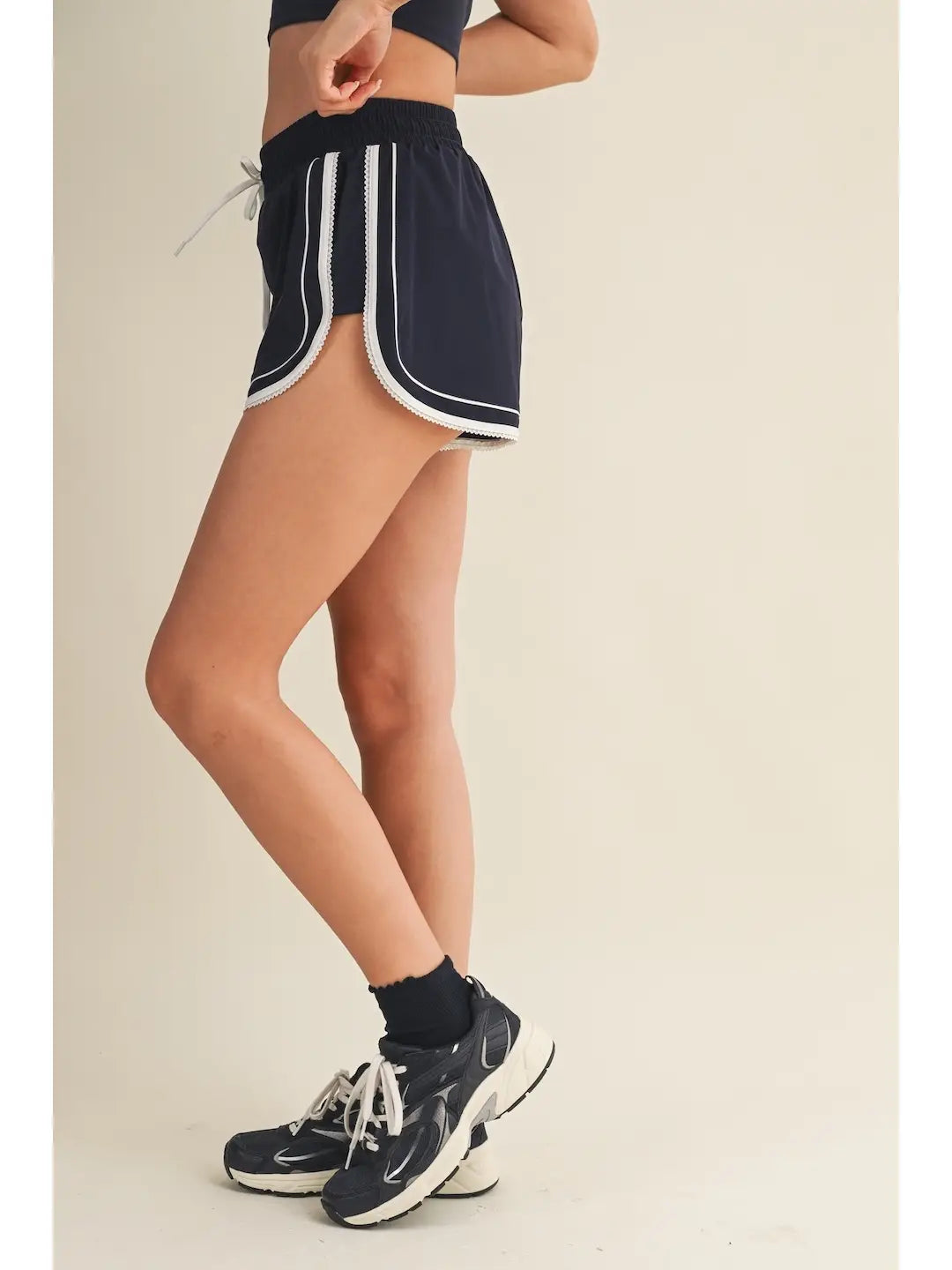 Navy Lace Trim Running Shorts