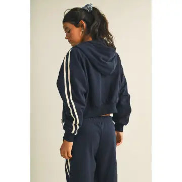 Side Stripe Cropped Zip Up Hoodie in Navy & Yellow