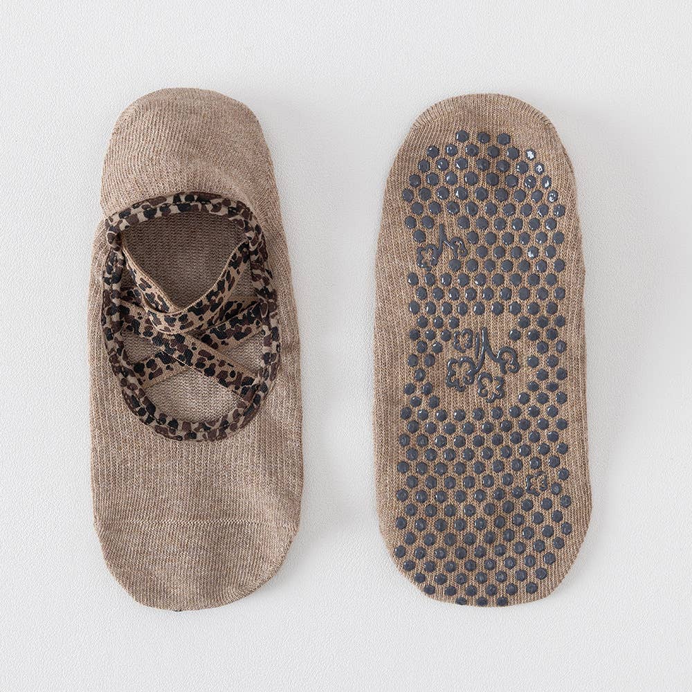 Leopard Print Crisscross Strap Open Back Grip Socks