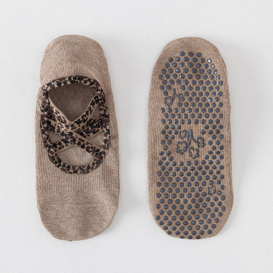 Leopard Print Crisscross Strap Open Back Grip Socks
