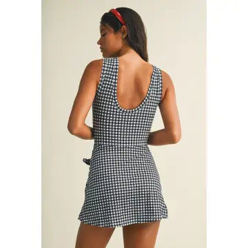Navy Gingham Wrap Tie Dress