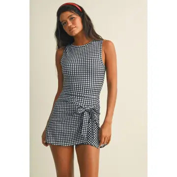 Navy Gingham Wrap Tie Dress