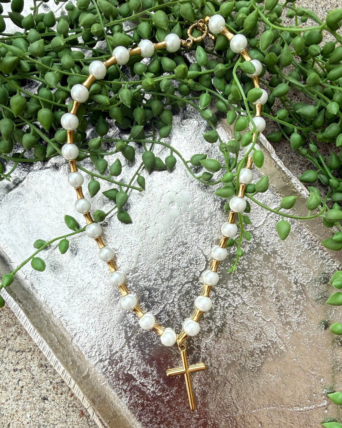 Lolly Beaded Cross Necklace- Pearl