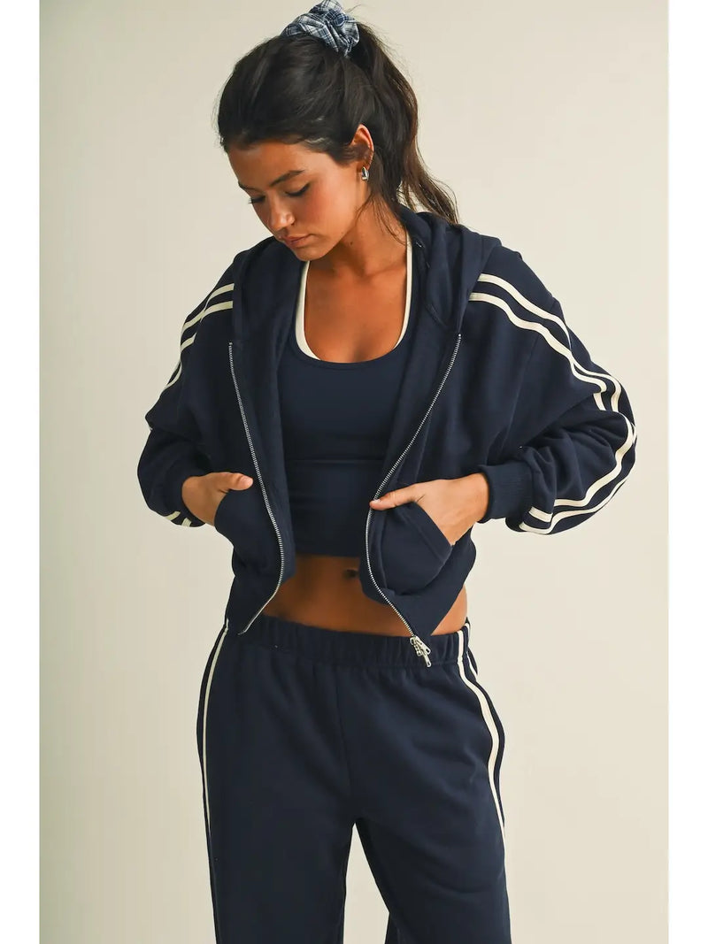 Side Stripe Cropped Zip Up Hoodie in Navy & Yellow