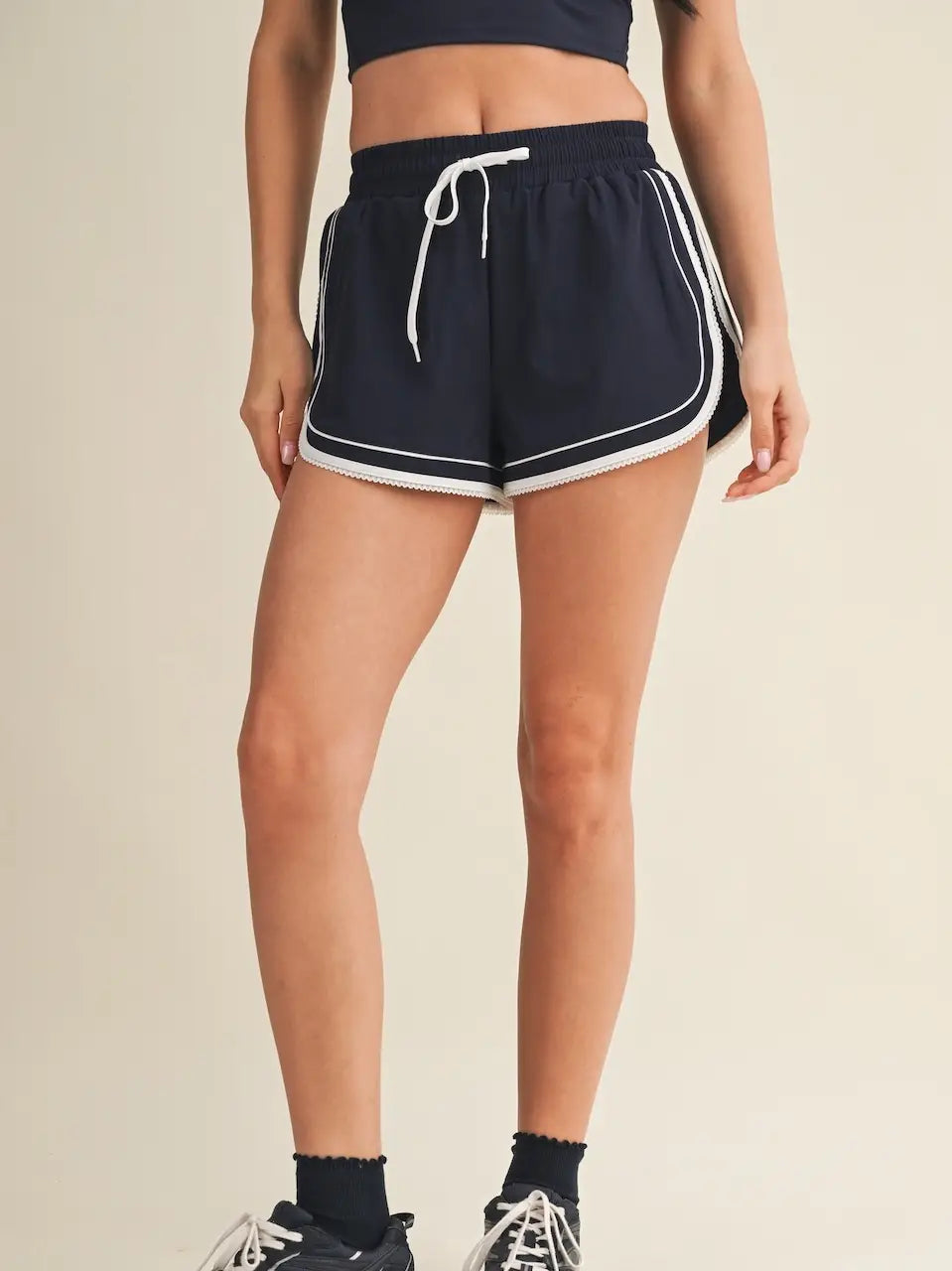 Navy Lace Trim Running Shorts