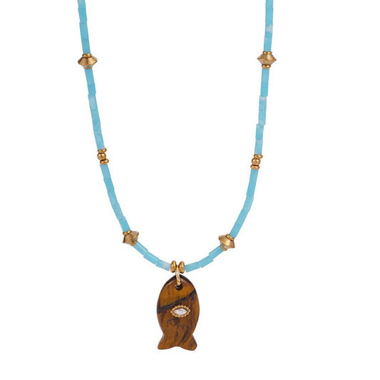 Turquoise & Brown Beaded Fish Charm Necklace