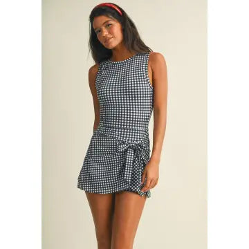 Navy Gingham Wrap Tie Dress