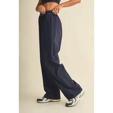 Relaxed Nylon Pants with Elastic Waist in Navy