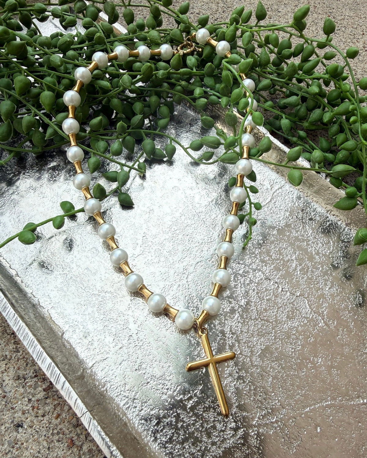 Lolly Beaded Cross Necklace- Pearl