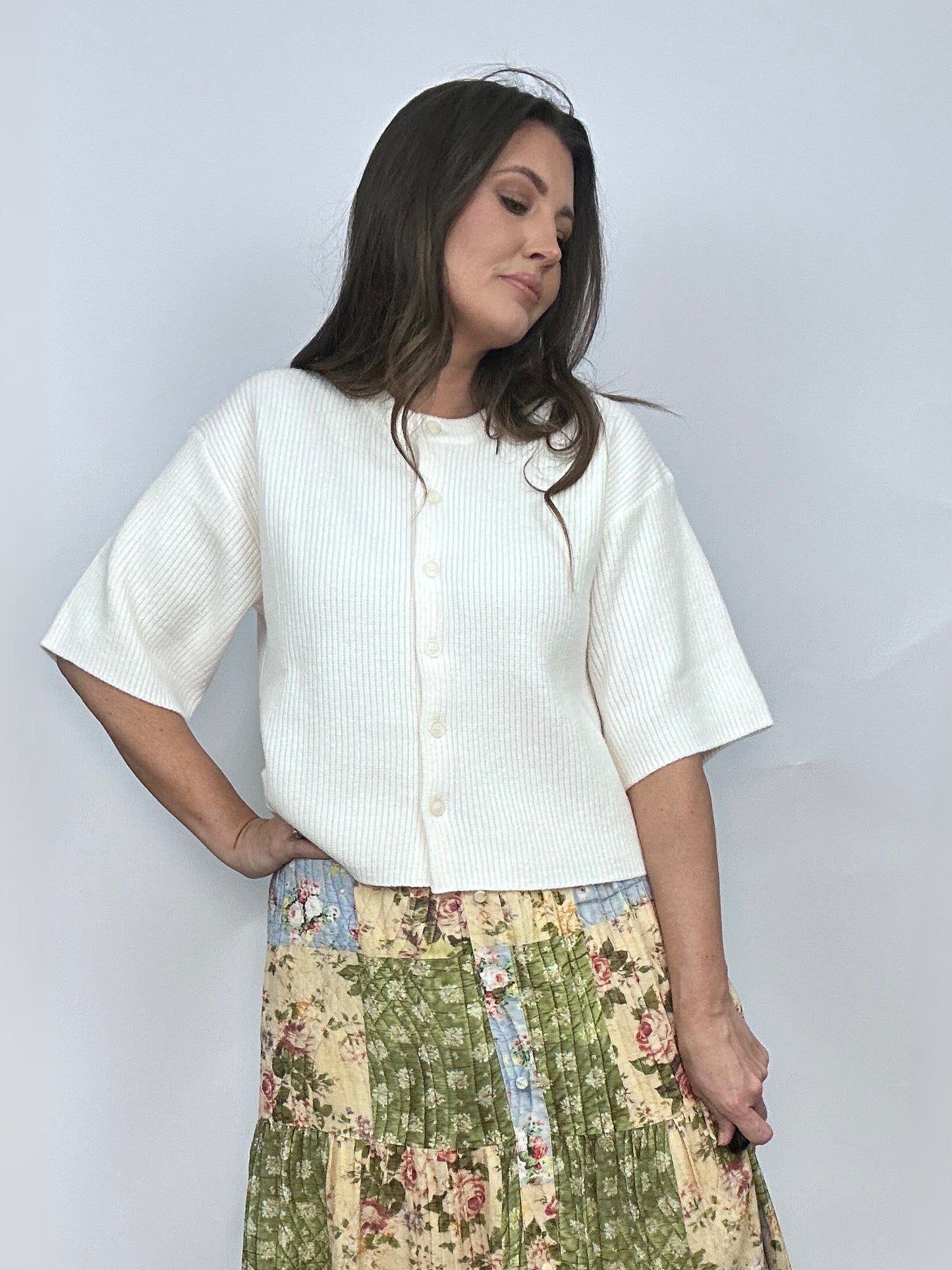 Ivory Ribbed Button Cardigan