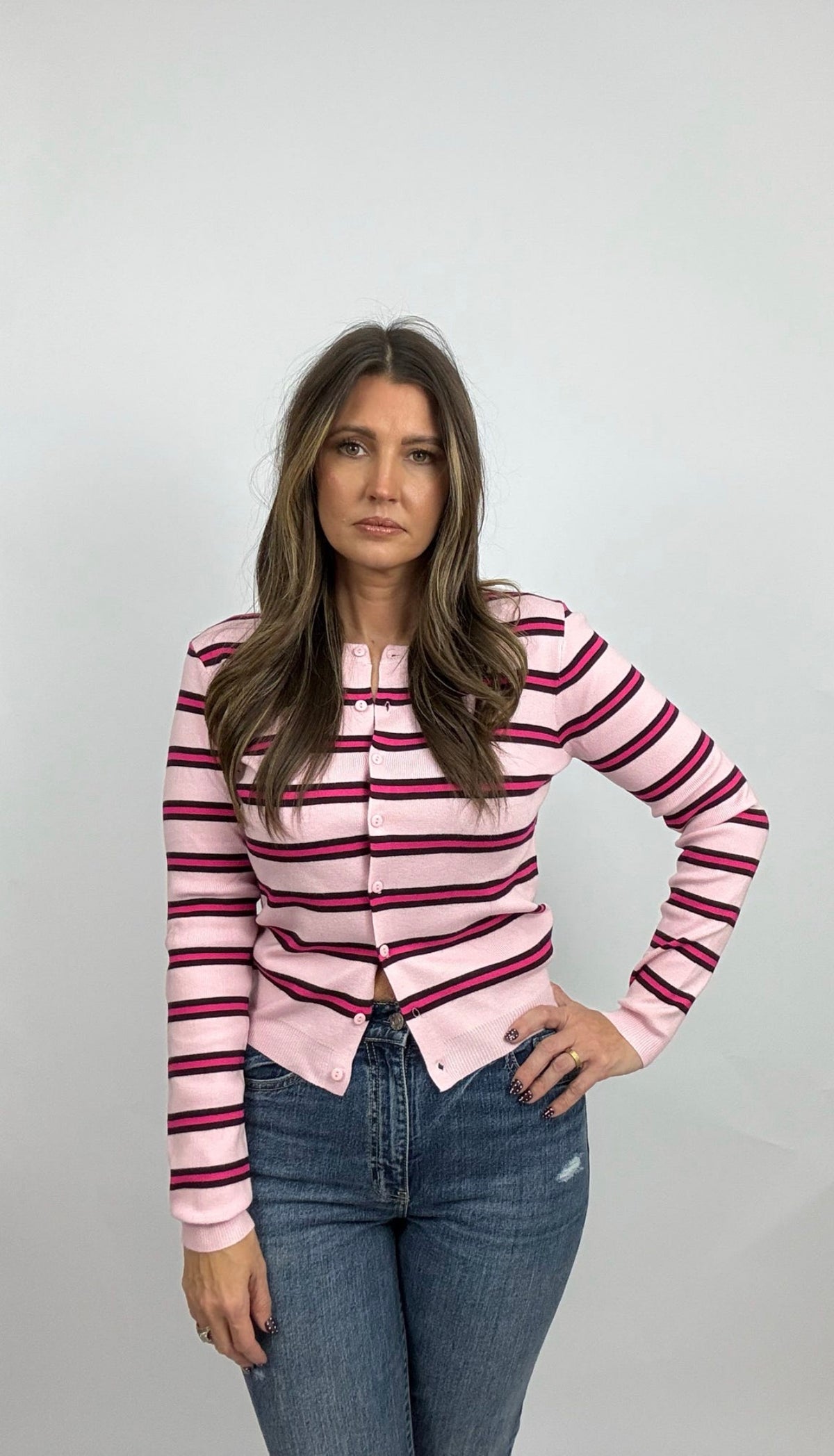 The Rainbow Striped Cardigan in Pink