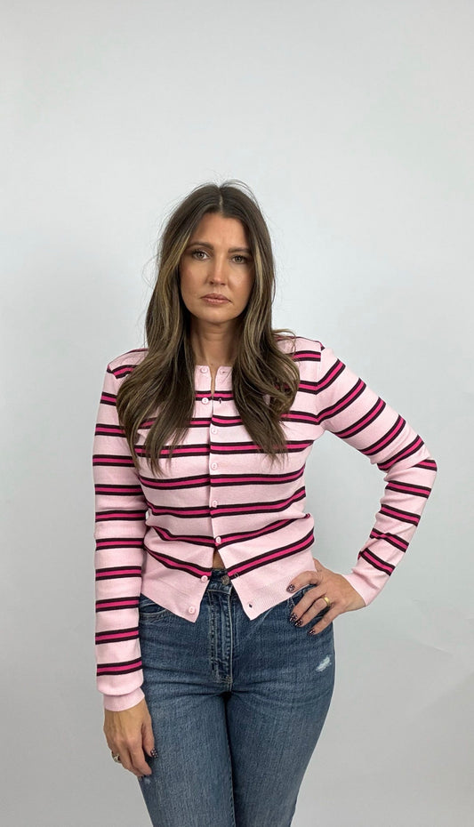 The Rainbow Striped Cardigan in Pink