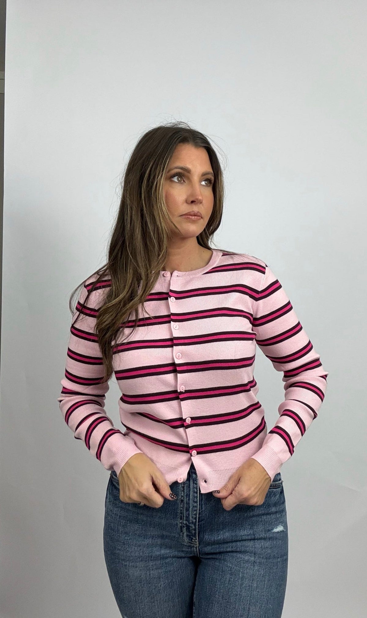 The Rainbow Striped Cardigan in Pink
