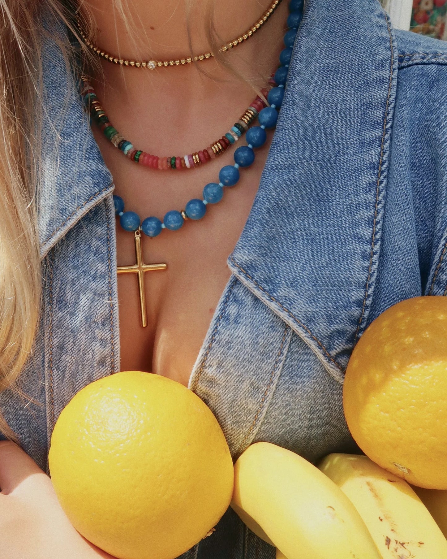 Conley Beaded Cross Necklace- Blue