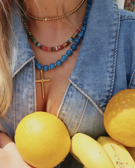 Conley Beaded Cross Necklace- Blue