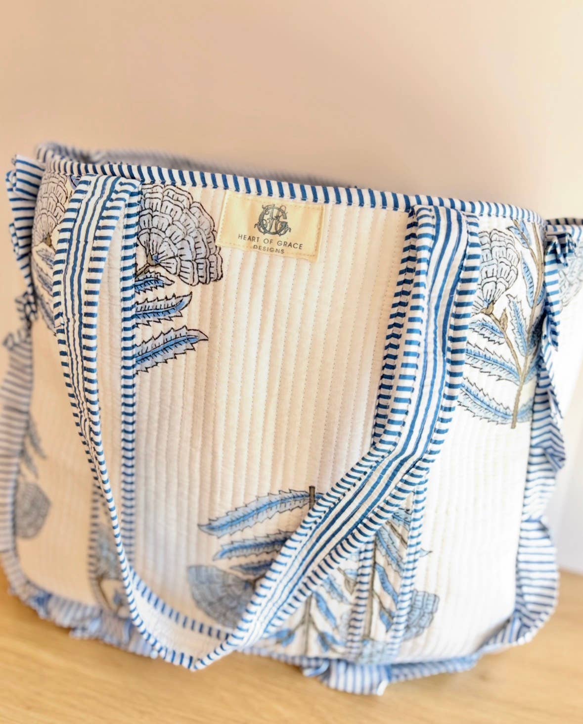 Blue Heron | Large Quilted Ruffle Tote Bag