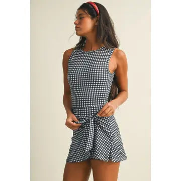 Navy Gingham Wrap Tie Dress