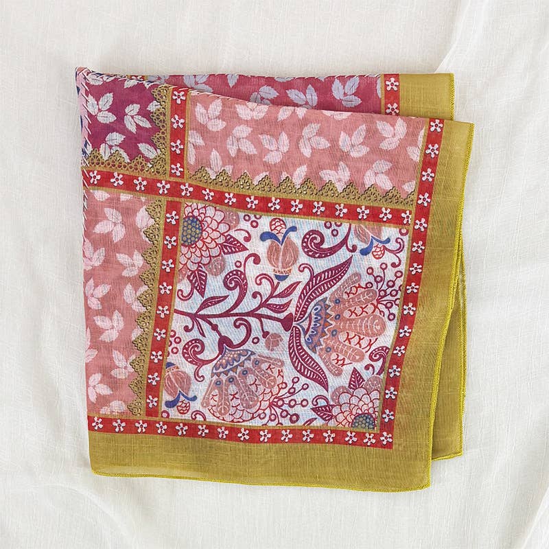 Eden botanical & Floral print Bandana Square Scarf: Pink