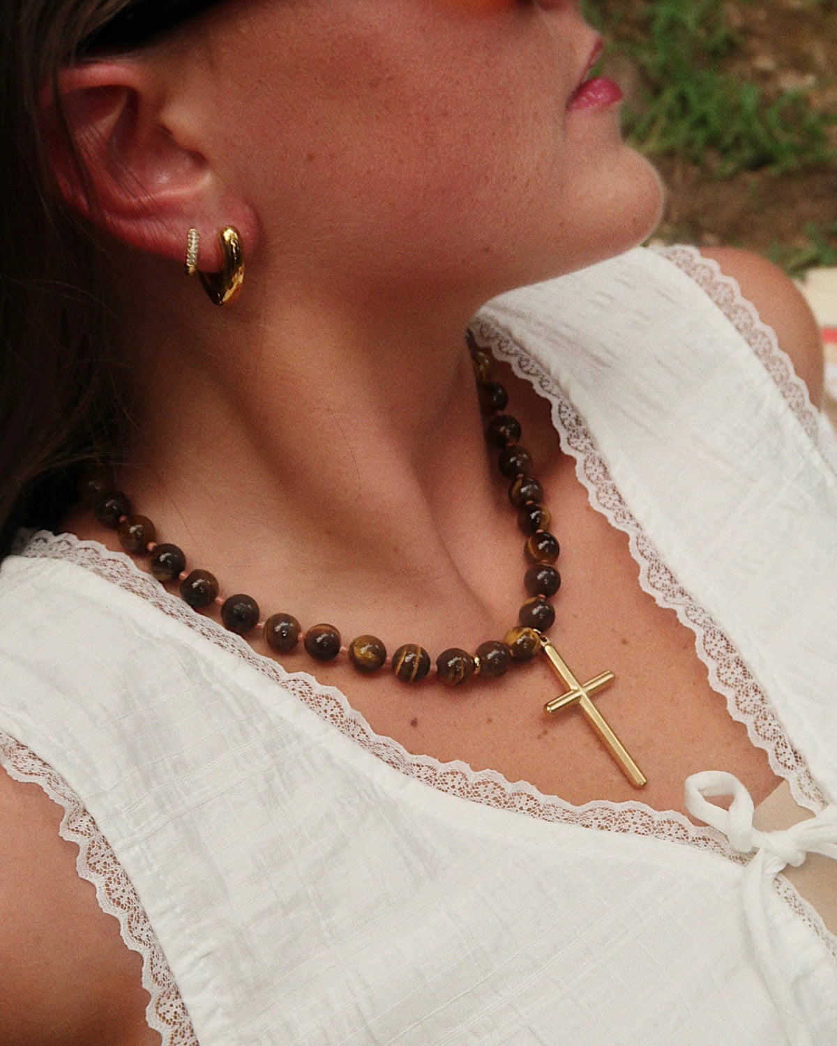 Conley Beaded Cross Necklace : Hypoallergenic and Water Resistant: Green
