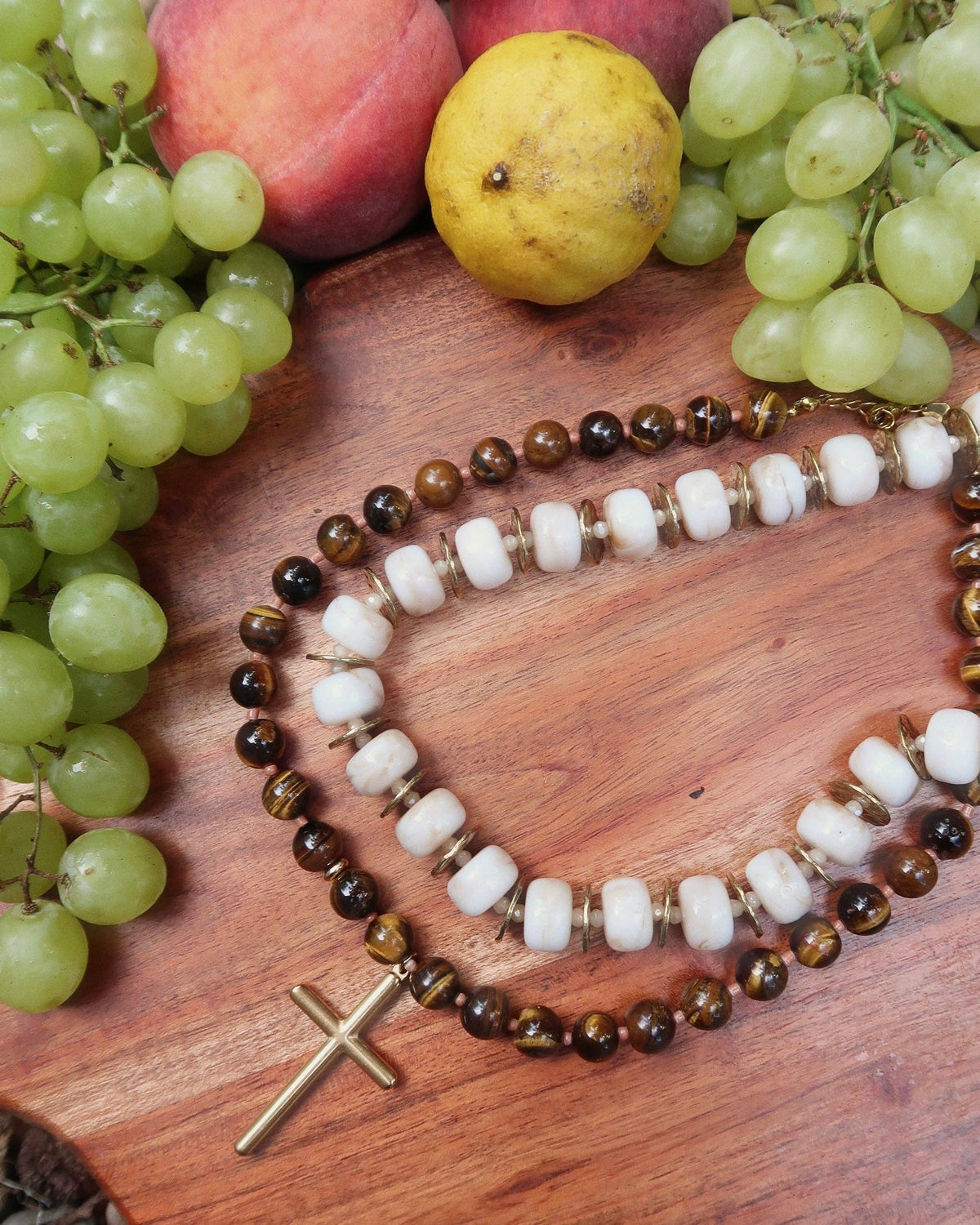 Conley Beaded Cross Necklace : Hypoallergenic and Water Resistant: Brown