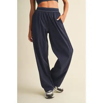 Relaxed Nylon Pants with Elastic Waist in Navy