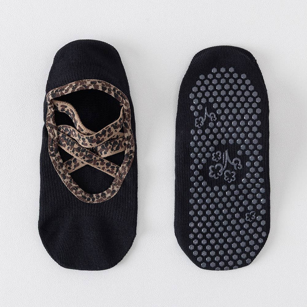 Leopard Print Crisscross Strap Open Back Grip Socks