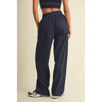 Relaxed Nylon Pants with Elastic Waist in Navy