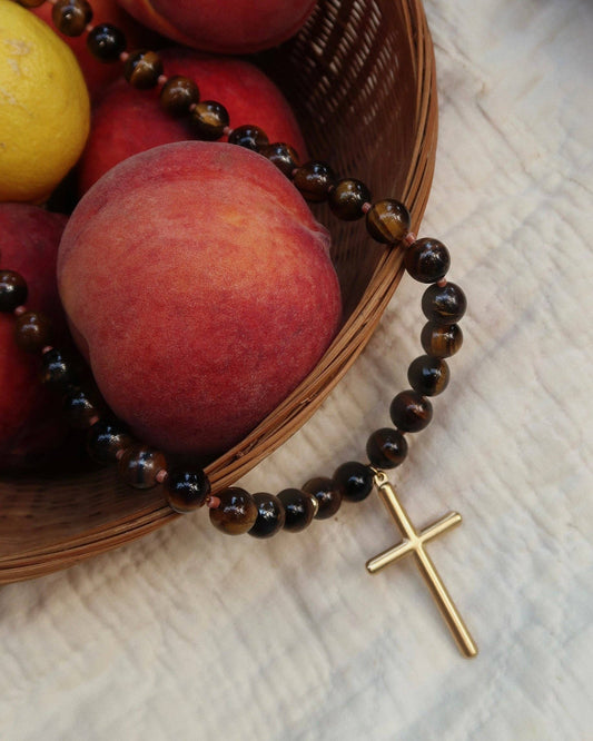 Conley Beaded Cross Necklace : Hypoallergenic and Water Resistant: Brown